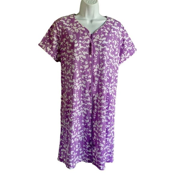 Coral Bay Purple White Floral Waffle Full Zip Up Duster Robe Housecoat Small NEW - Picture 2 of 11